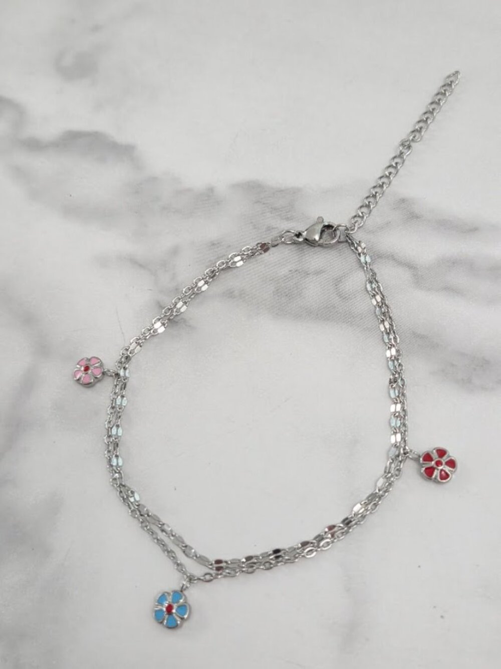 Boho Silver Double Chain Flower Anklet Pink Blue - Picture 11 of 16